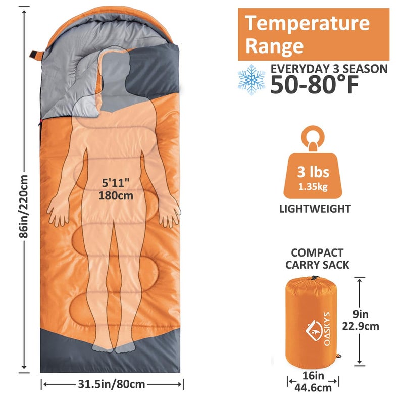 oaskys Camping Sleeping Bag - 3 Season Warm & Cool Weather - Summer Spring Fall Lightweight Waterproof for Adults Kids - Camping Gear Equipment, Traveling, and Outdoors - Image 2